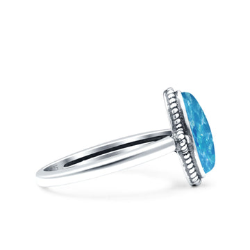 Vintage Style Petite Dainty Lab Created Blue Opal Ring Solid Oval Oxidized 925 Sterling Silver